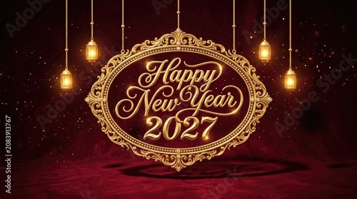 Golden ornate frame with happy new year 2027 calligraphy and hanging lanterns decoration