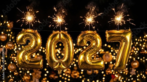Golden foil balloons spelling 2027 with sparkling fireworks and festive bokeh lights