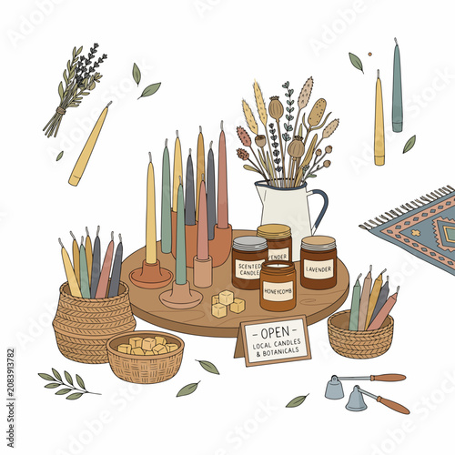 Fotografia Hand drawn illustration of a local candle and botanical market stall with colorful taper candles and jars