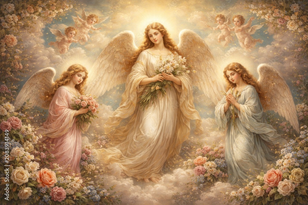 Obraz premium Heavenly angels amidst floral beauty.