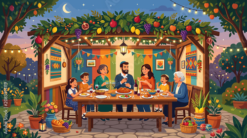 Obraz na płótnie Jewish family celebrating Sukkot holiday dinner together in a decorated outdoor sukkah booth at night