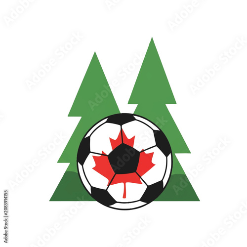 A soccer ball featuring a large red maple leaf design, set against a background of two simplified green pine trees. Cool outdoor mood. minimalist flat vector artwork, clipart style, absolute
