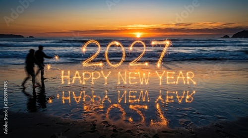 Happy New Year 2027 celebration on beach with light painting and ocean waves