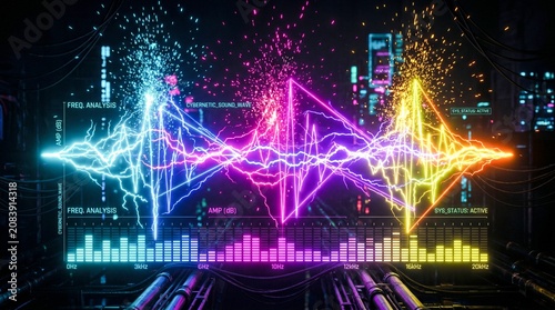 Vibrant Neon Digital Sound Wave Frequency Visualization for Advanced Audio Technology and Electronic Music Spectrum Analysis