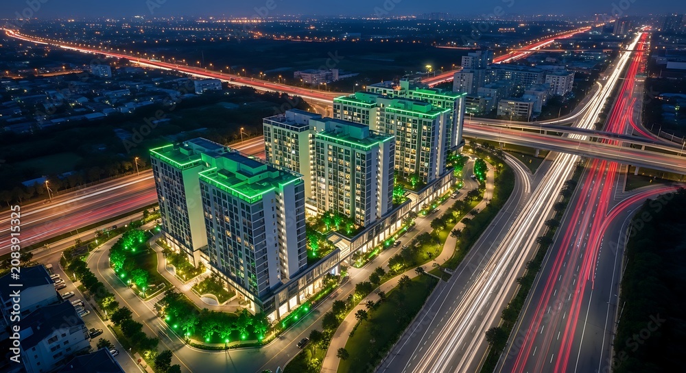 Naklejka premium Aerial view of modern buildings with green roofs near highway at dusk