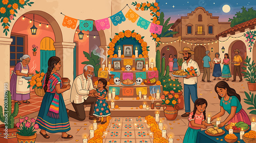 Photos Mexican Family Celebrating Day of the Dead with Traditional Altar and Decorations 1