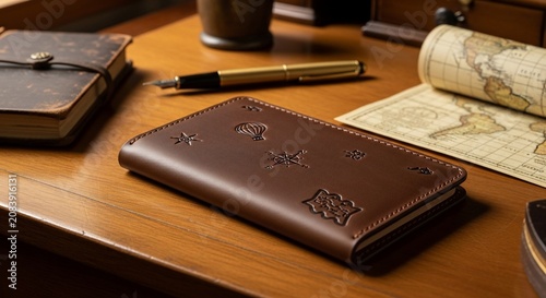 Leather notebook and vintage map on a wooden desk with a fountain pen in an explorer setup