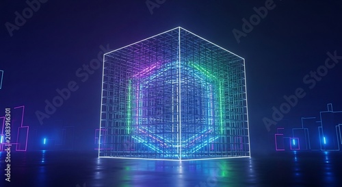 A futuristic digital cube glowing with vibrant neon lights in a dark cybernetic environment