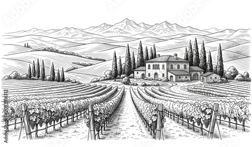 Foto ​Vintage vineyard landscape vector sketch with minimalist Tuscan winery estate s