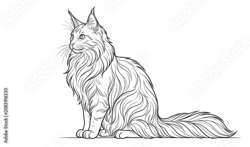 Tablou pe pânză Majestic Maine Coon cat line art vector illustration with detailed fluffy fur texture sitting gracefully isolated on white background [cite: image_27