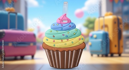 Colorful Cupcake Dessert Illustration with Travel Suitcases Background for Birthday Party Vacation Concept
