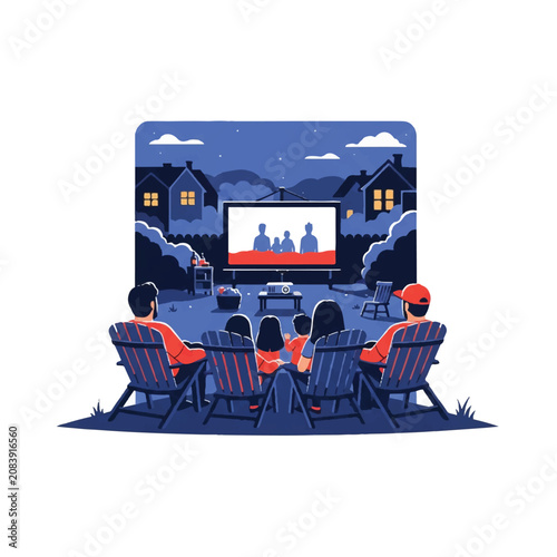 A family sitting on lawn chairs in a suburban backyard watching a large projector screen, evening setting with high contrast solid colors, cozy atmosphere, minimalist flat vector artwork,