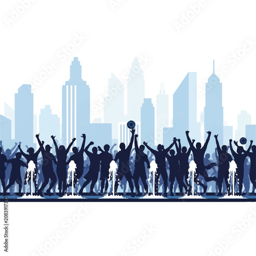 A large crowd of people in a city park fountain area celebrating a goal, simplified silhouettes of fans jumping against modern skyscraper outlines, daytime, unity theme, minimalist flat vector