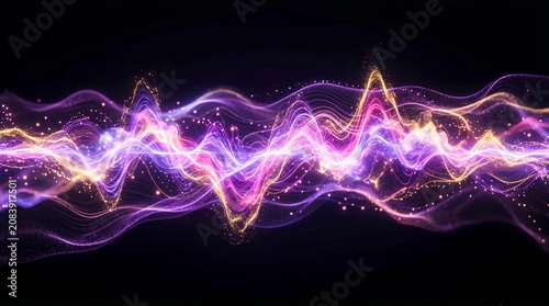 Abstract Glowing Energy Wave with Vibrant Purple and Gold Light Particles Flowing in a Dynamic Audio Visualizer Style on Dark Background
