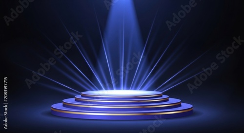 Blue tiered pedestal with gold trim under bright blue spotlight