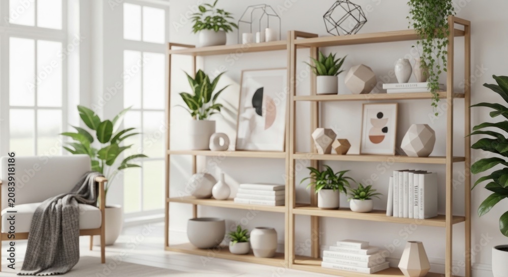 Fototapeta premium Bright minimalist interior with wooden shelves and plants.
