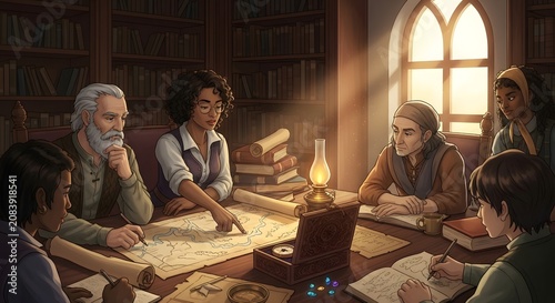 A group of people gathered around a table studying a large map by lamp light