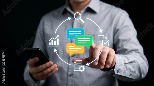Feedback Loop Strategy for Business Process Improvement. Man Using Digital Communication to Optimize Workflow with PDCA and OODA Cycles