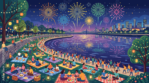 Obraz na płótnie Vibrant City Fireworks Display Over River with People Having Picnics in the Park