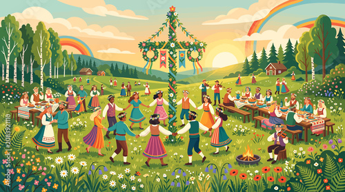 Cuadro en lienzo Traditional Swedish Midsummer celebration with people dancing around a decorated maypole in a sunny meadow