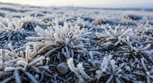 Close up of white morning frost on frozen grass.