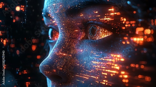 Close up profile of a futuristic human face with glowing digital circuits and blurred bokeh lights