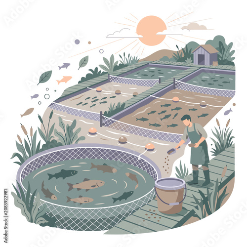 Obraz na plátně Professional fisherman feeding fish in outdoor aquaculture farm ponds at sunset illustration