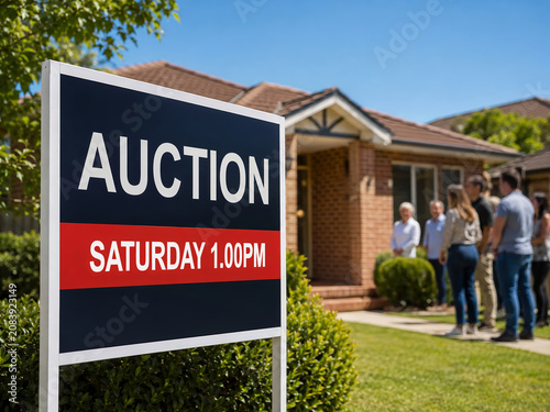 Property Auction Sign Outside Australian Suburban House