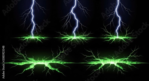 Electric green lightning strikes hitting cracked dark ground.