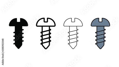 Set of four different screw icons including a solid black silhouette an outline and a colored version representing industrial fasteners