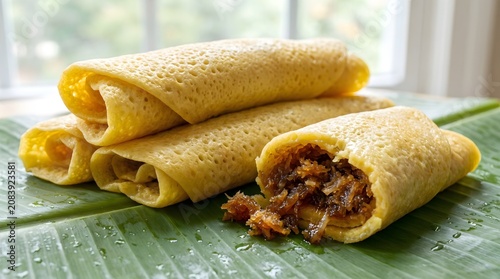 Sri Lankan sweet coconut pancakes on fresh banana leaf