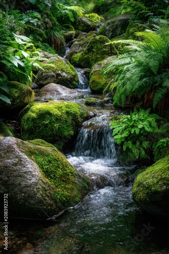 Stream flows over mossy rocks in a forest with ferns and vegetation under soft light on a clear day