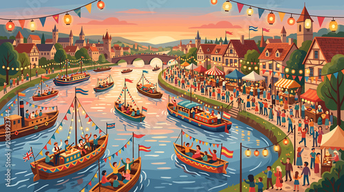 Принти на полотні Vibrant riverside festival with boats and crowds in a charming European town at sunset