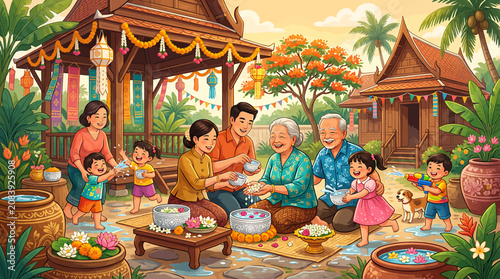 Tableau sur toile Traditional Thai family celebrating Songkran festival with water pouring ceremony and joyful gathering