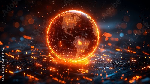 Glowing digital earth sphere comprised of circuits and lights on a dark blurred background