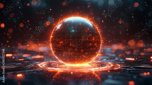 Luminous digital globe with glowing circuit board patterns and abstract bokeh lights