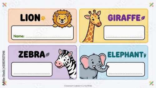 Educational classroom name tags featuring friendly safari creatures for primary school children to identify their personal school supplies or desk belongings during organized learning activities