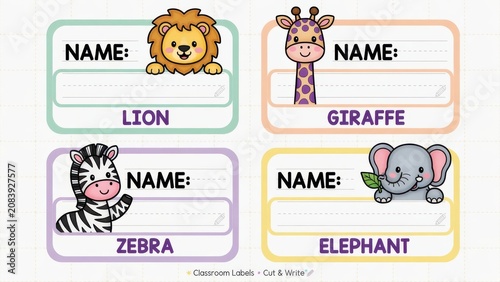 Educational classroom name tags featuring friendly safari creatures help young students identify their personal school supplies while they learn to write names on these colorful rectangular