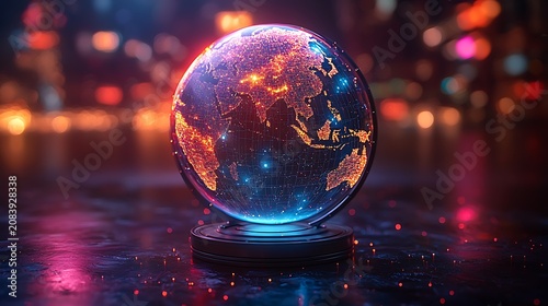 Glowing digital globe showing continents with glowing city lights against a blurred bokeh background