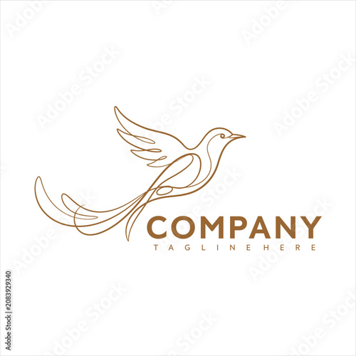 Minimalist vector illustration of a bird in flight with a company logo and tagline on a clean white background for business branding and marketing purposes.