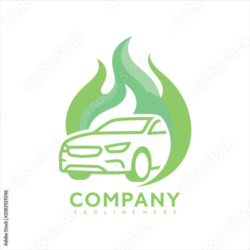 Green car logo with flame design and company tagline for eco friendly business or transportation service with modern vehicle illustration