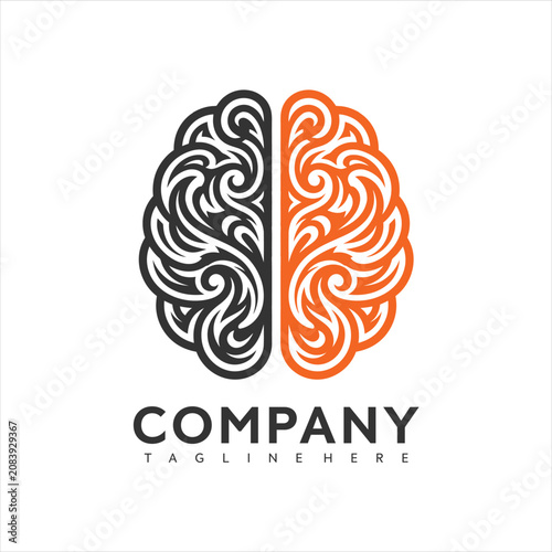 Creative vector brain logo with orange and gray swirls representing company branding and innovative design elements in a modern graphic illustration style for business and technology