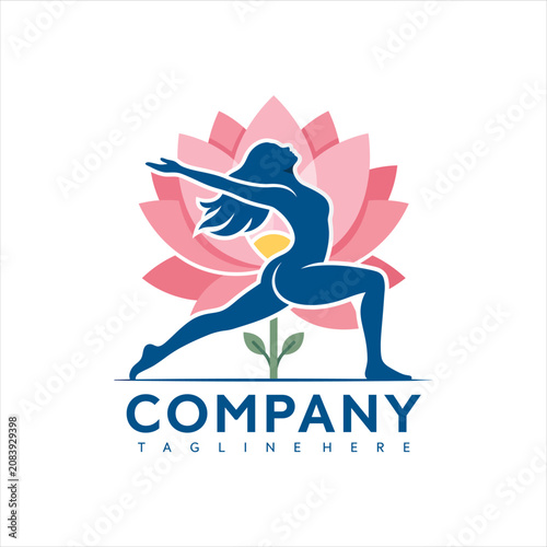 Serene yoga woman silhouette in front of pink lotus flower for wellness company logo design