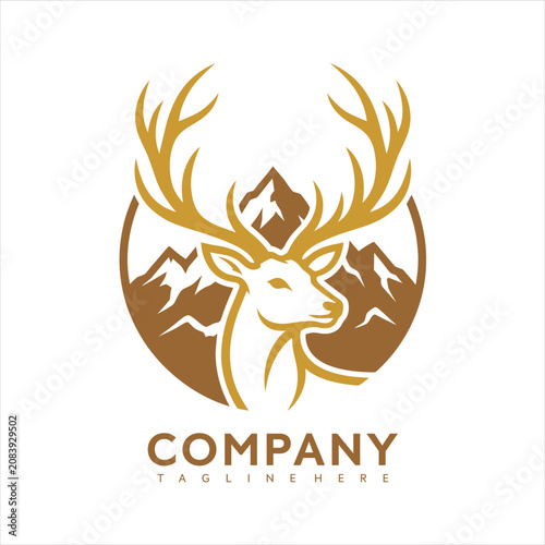 Golden deer logo with antlers and mountains for company branding and advertising use with a clean design