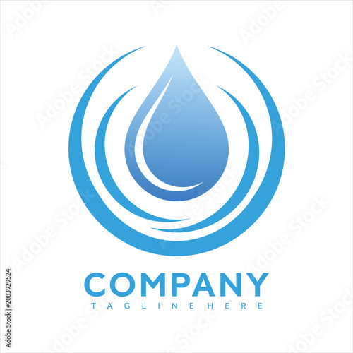 Blue gradient water drop logo design with circular waves and company tagline on white background for business branding and advertising purposes effectively
