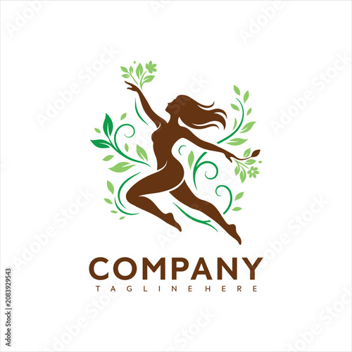 Brown silhouette of a woman jumping surrounded by green leaves and flowers on a white background for company logo design and branding purposes with natural elements