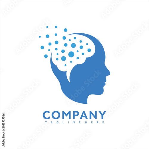 Blue vector graphic illustration of a human head with bubbles representing ideas and creativity for a company logo design concept.