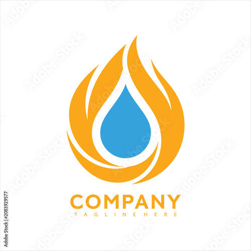 Modern vector logo design featuring a stylized flame with a blue water droplet at its center symbolizing balance and harmony in a corporate setting with bold typography.