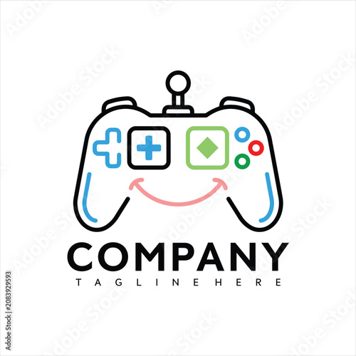 Colorful vector graphic illustration of a smiling video game controller with company logo and tagline on a clean white background for gaming or tech business branding