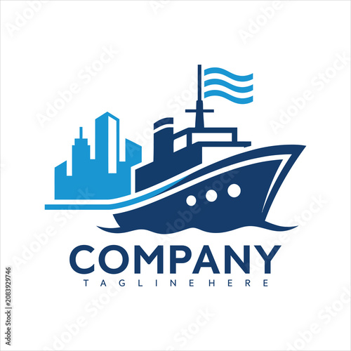 Modern vector graphic illustration of a ship sailing towards a city skyline with a flag waving, symbolizing business and transportation, with a clean and professional design.